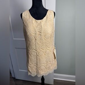 NWT Lan Ting Bride off white cream Lace mini Length shift Dress scalloped